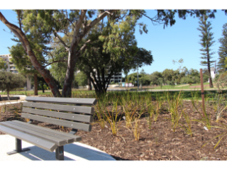 Bench seat with Old Mill in background